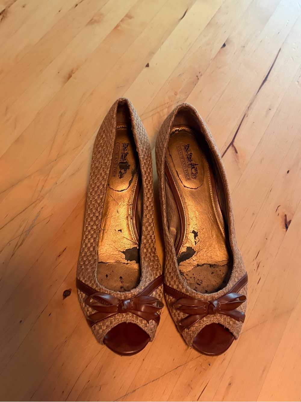 Woven Peep-Toe Wedges in Tan